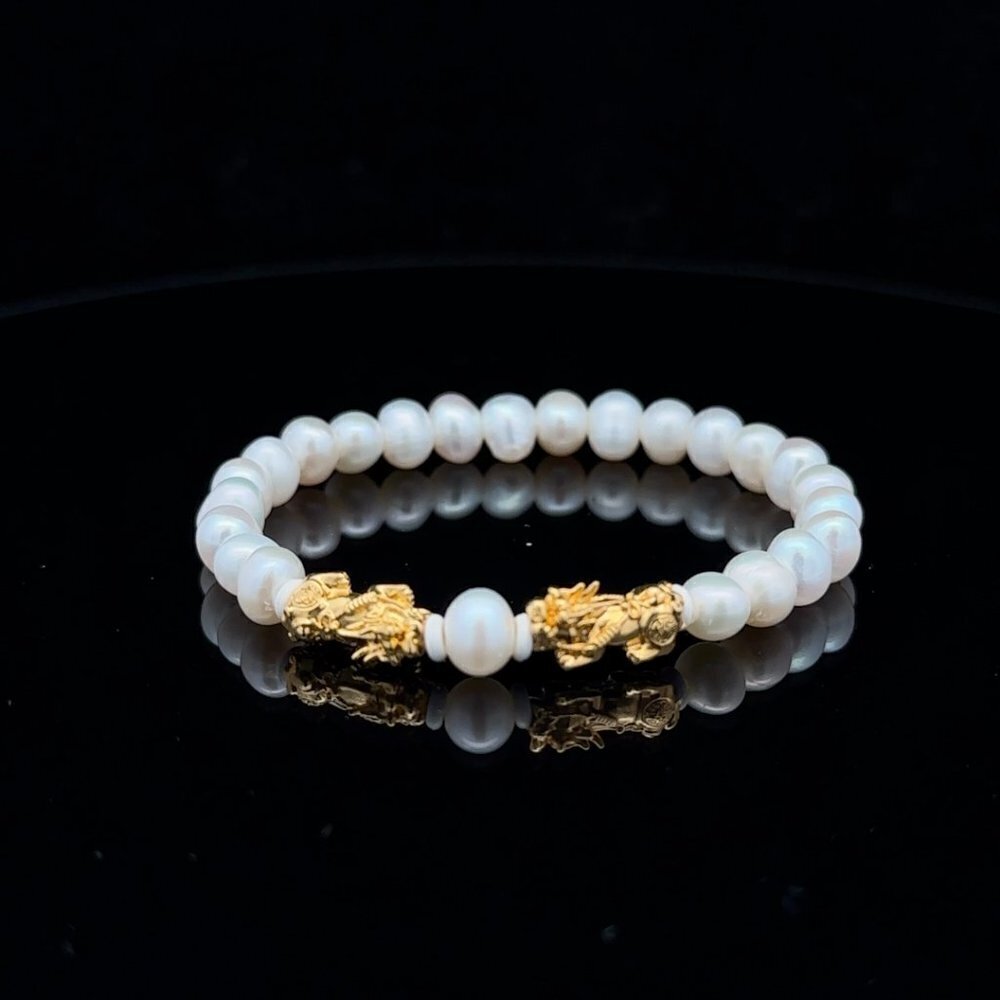 18K Gold Dragon Pixiu Double Piyao Bracelet Gemstones Pearl June Birthstones 6mm